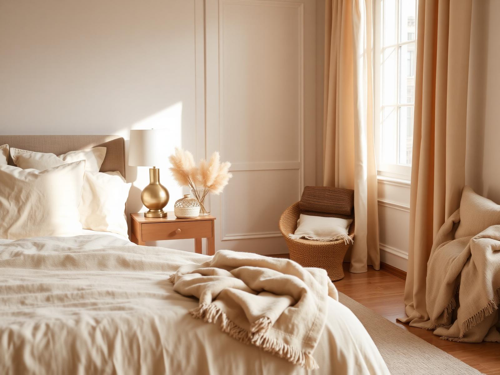 A softly lit bedroom styled with linen bedding, a brass table lamp, and layered neutral throws